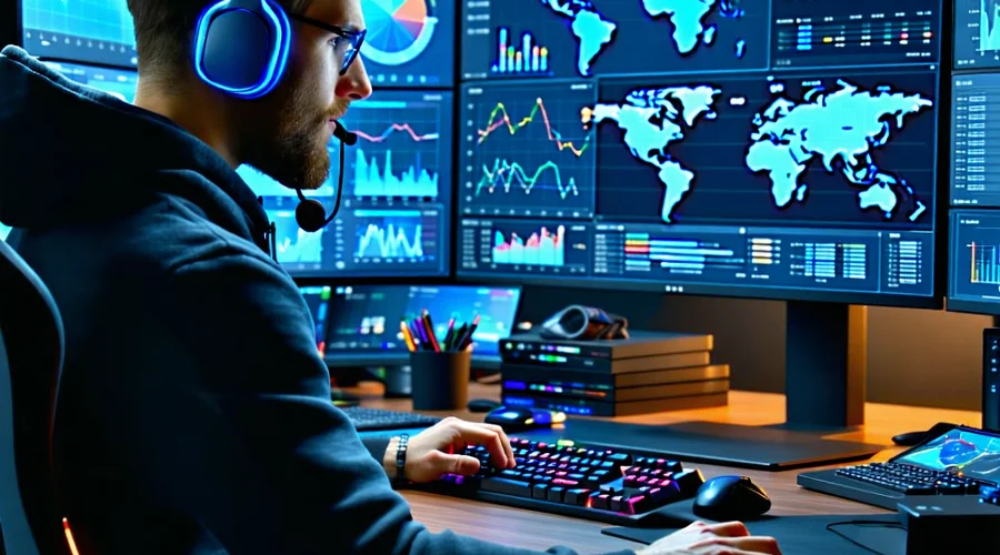 Một người đang phân tích bảng tỷ lệ kèo thể thao điện tử trên máy tính, với biểu đồ và số liệu