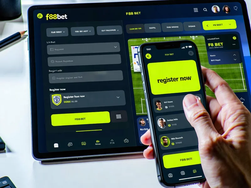 Hình ảnh điện thoại di động hiển thị ứng dụng F88bet và nút đăng ký