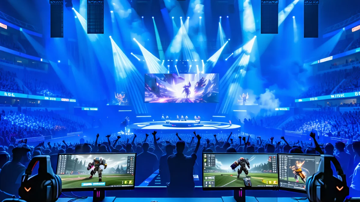 Sân khấu giải đấu thể thao điện tử lớn với khán giả cổ vũ và màn hình hiển thị trận đấu