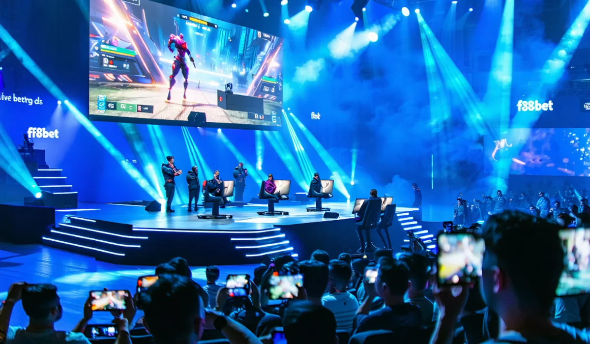 Hình ảnh một trận đấu eSports sôi động với các game thủ chuyên nghiệp, màn hình lớn hiển thị kết quả và tỷ lệ cược F88bet