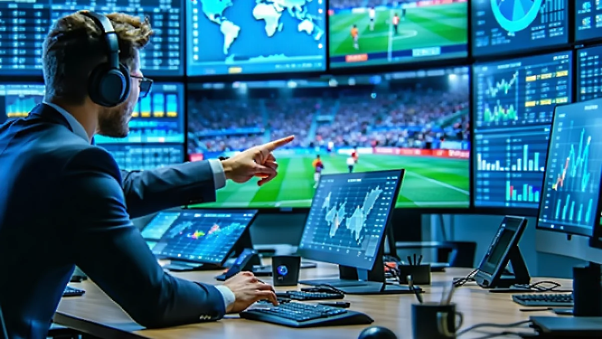 Các chuyên gia F88bet đang phân tích dữ liệu bóng đá trên màn hình lớn, thể hiện sự chuyên nghiệp và công nghệ cao trong việc dự đoán