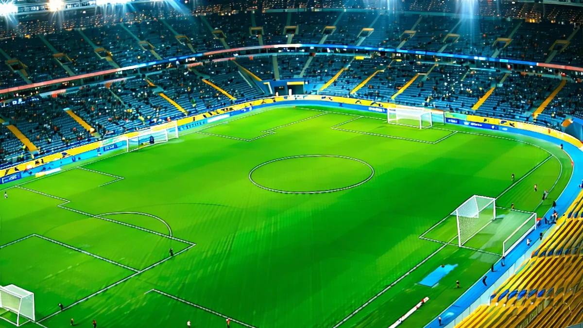 Hình ảnh một sân vận động bóng đá đầy khán giả, ánh đèn rực rỡ vào buổi tối, tượng trưng cho không khí sôi động của các trận đấu được F88bet dự đoán