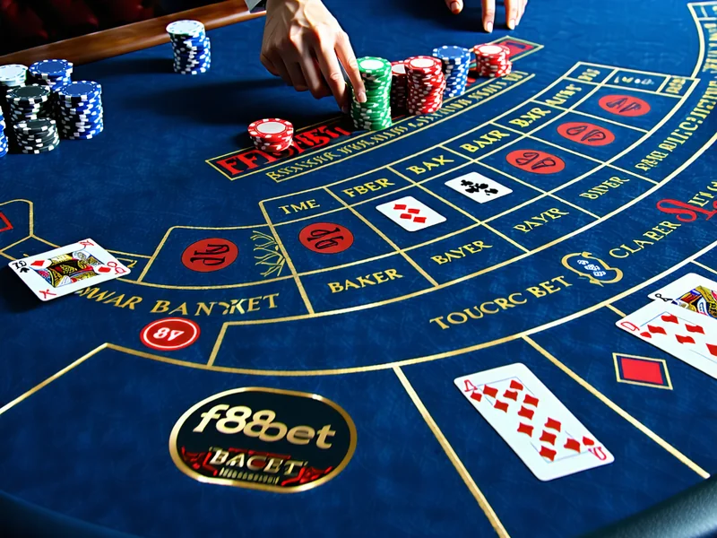 Bàn Baccarat tại F88bet với người chia bài và các ô cược Banker, Player, Tie, ánh sáng vàng sang trọng