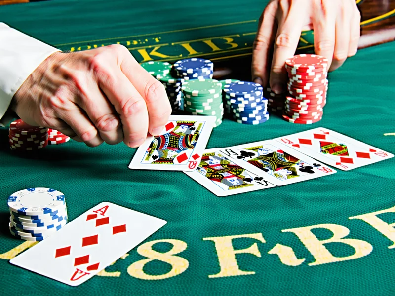 Bàn Blackjack tại F88bet với các quân bài, chip và người chia bài, tập trung vào chiến thắng 21 điểm