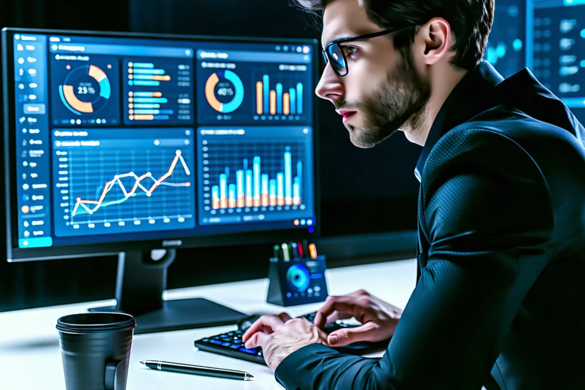 Hình ảnh người chơi F88bet đang phân tích dữ liệu, biểu đồ và thống kê để đưa ra quyết định cá cược thông minh